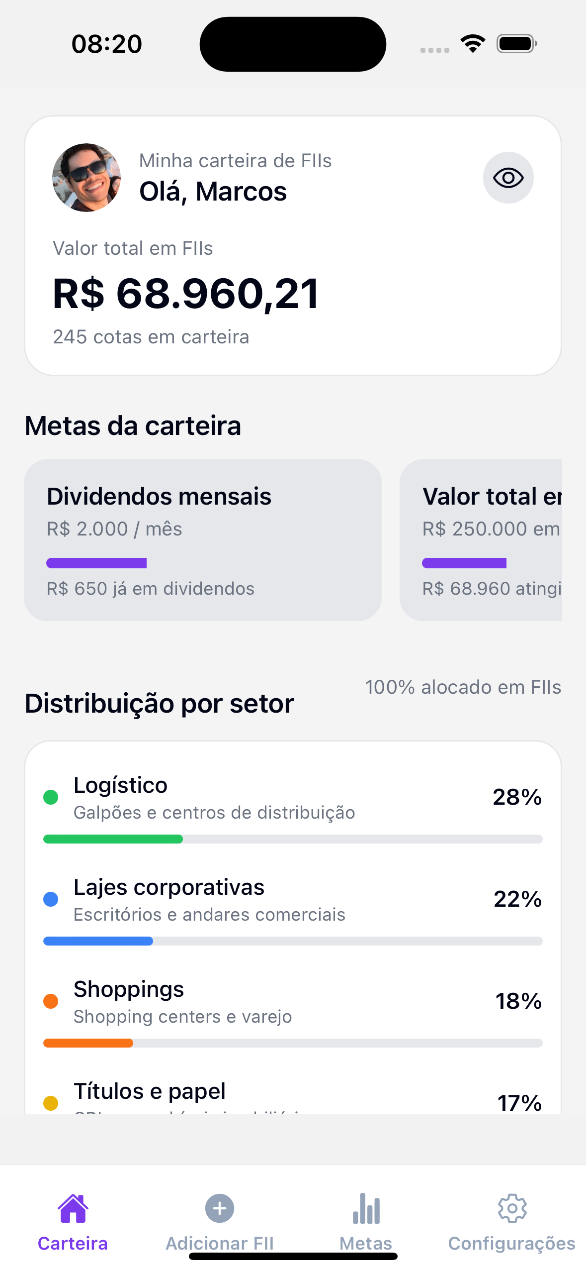 Tela do aplicativo MetaFII$ mostrando carteira de FIIs
